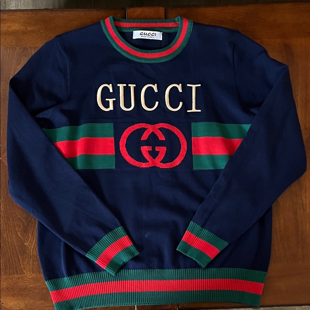 Gucci Blue Sweater with Red and Green Stripes